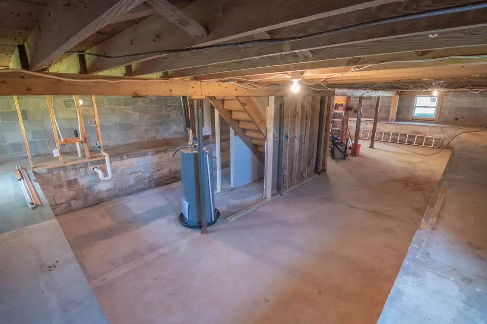 Unfinished basement with a bare concrete floor, block walls and exposed joists