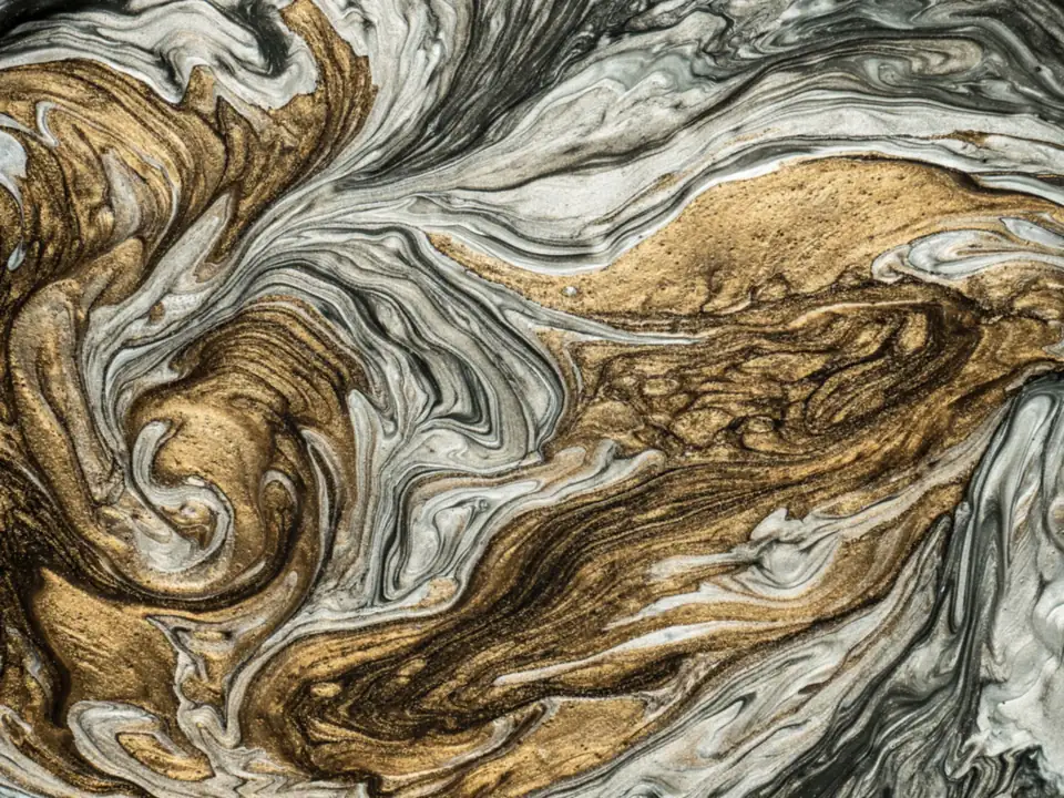 Close-up of swirled gold, silver and charcoal metallic pigment